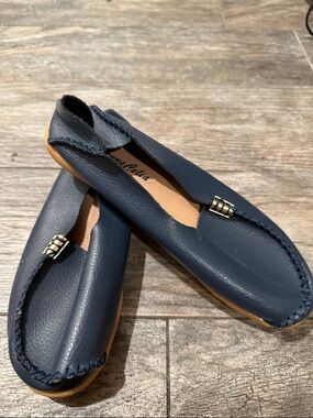 Navy Leather Slip-On Flats with Gold Accent